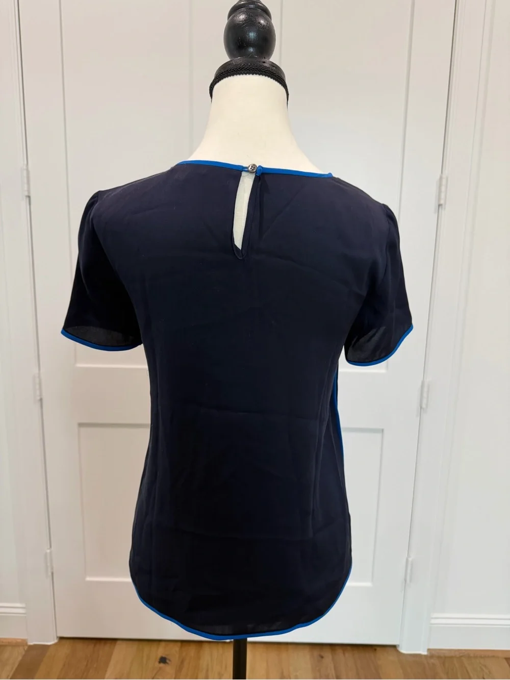J.Crew Silk Contrast Trim Navy Blouse Blue Trim 00P Petite